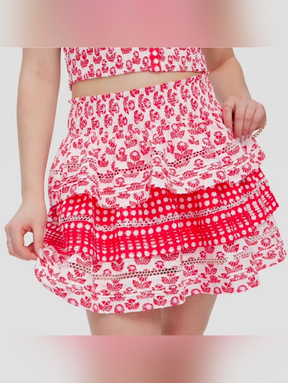 Roller Rabbit Red and White Floral Tiered Mini Skirt
